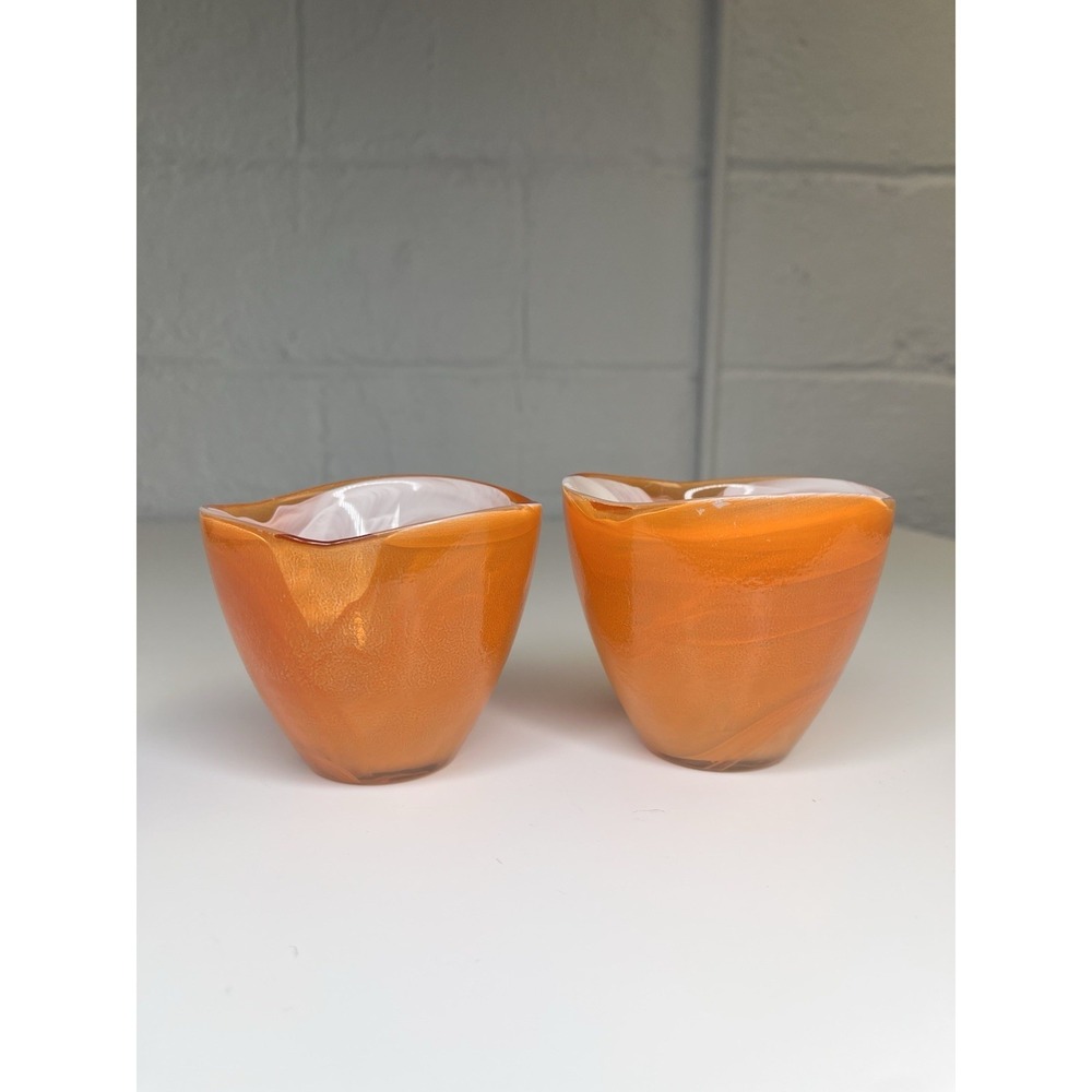Anthropologie Art Glass Orange Swirl Votive Tea Light Candle Holder SET‎ OF 2 - Picture 7 of 13
